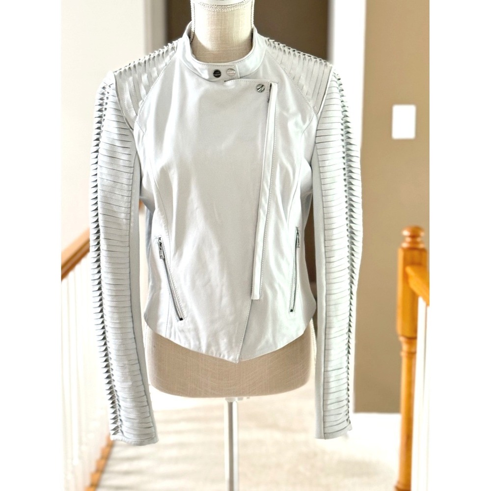Lamarque Azra White Leather Moto Jacket Pleated Sleeve Biker Size Medium